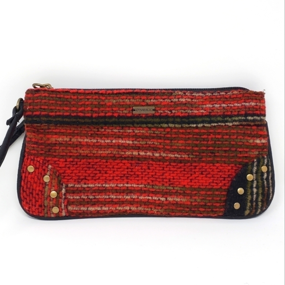 O'NEILL RED TAN WOVEN FABRIC FAUX LEATHER MINI BAG WRISTLET BRASS STUDS BOHO Y2K